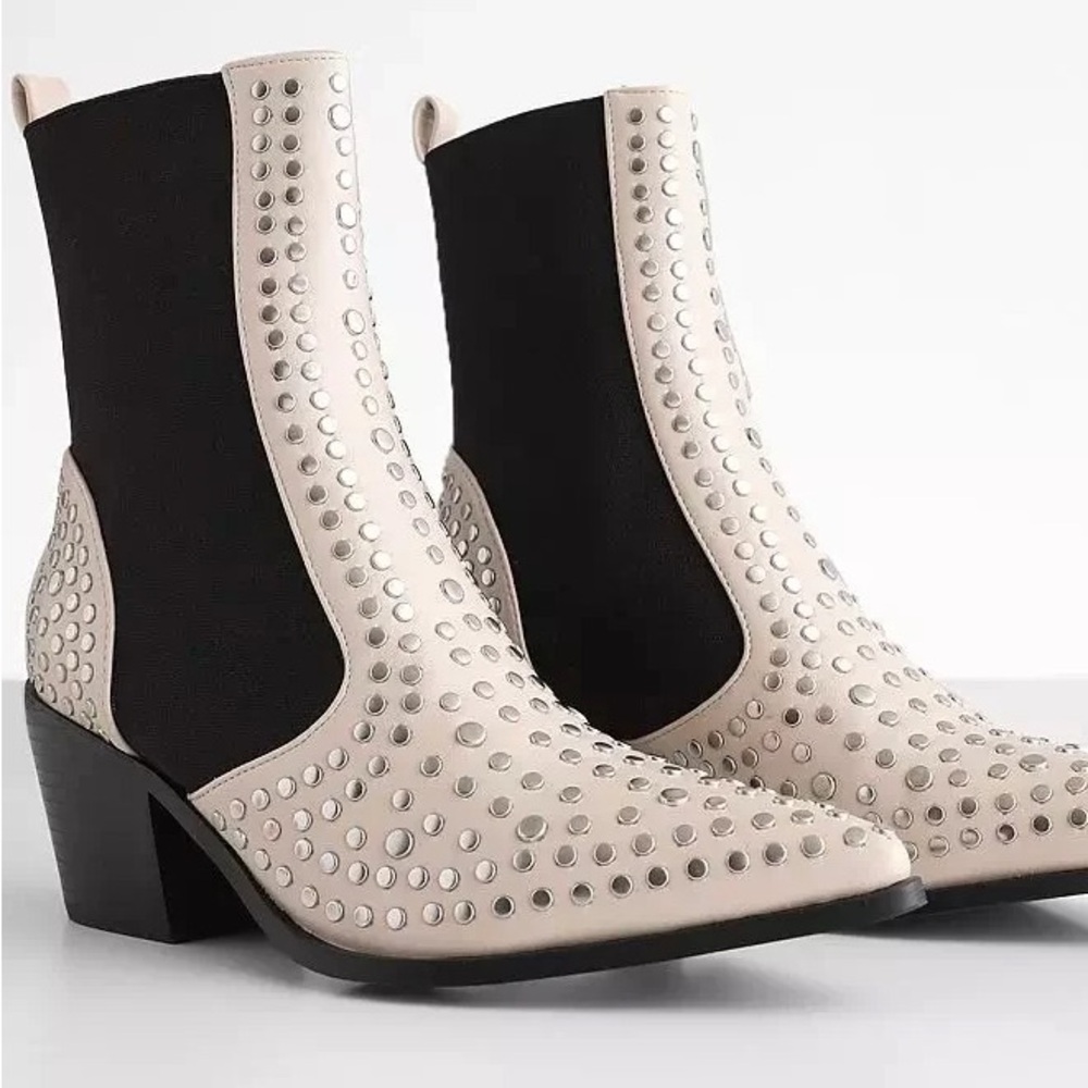 Studded Cream and Black Ankle Boots